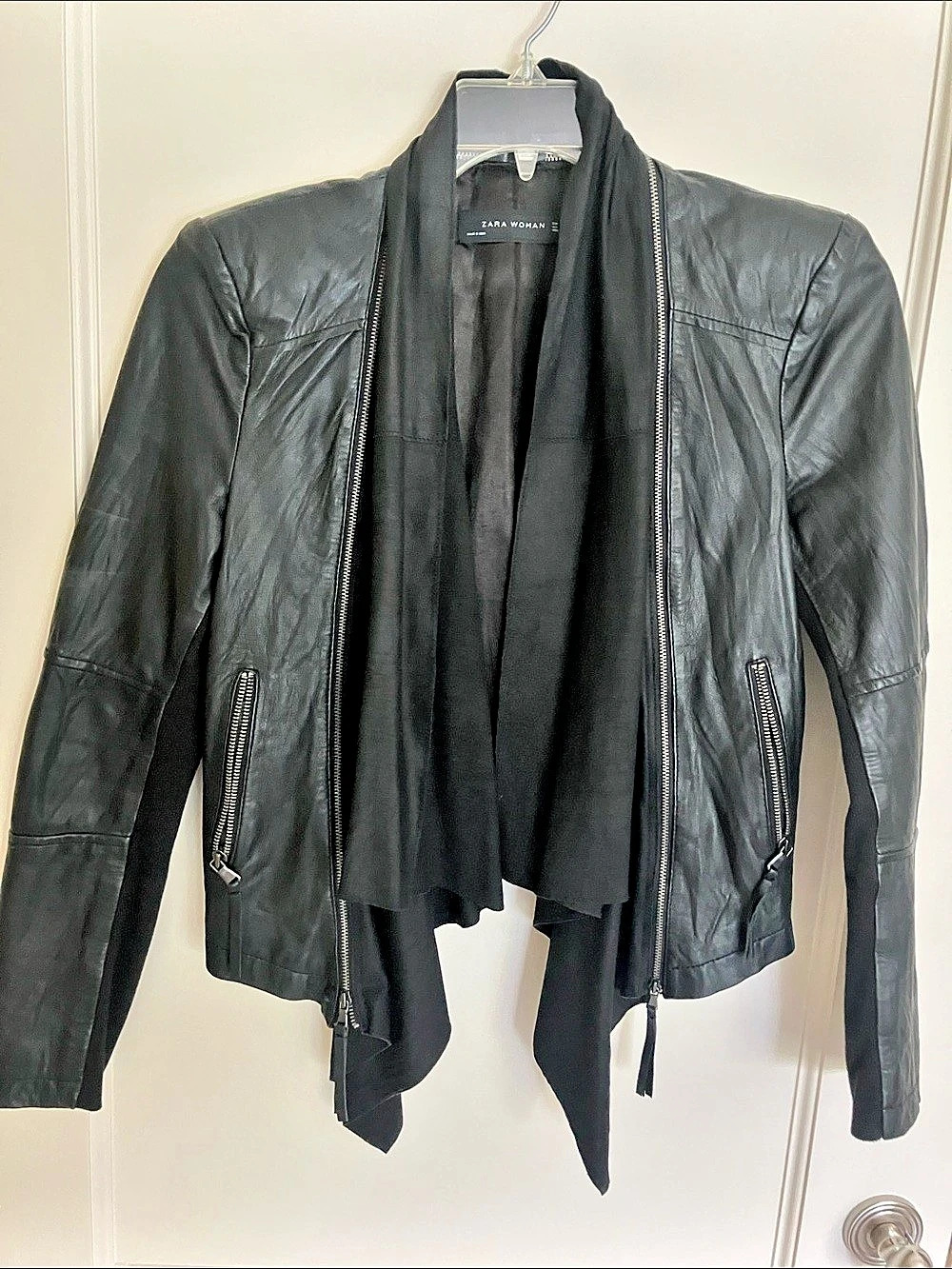 Zara Black Draped Front Leather Jacket Size Small